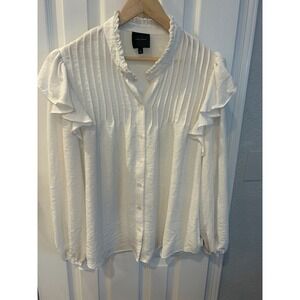 Alex Marie White Ruffle Shoulder Pintuck Pleated Button Front Blouse Large